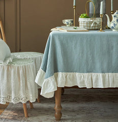 Decorative Cotton Tablecloth - Blue With White Frilled Bordered