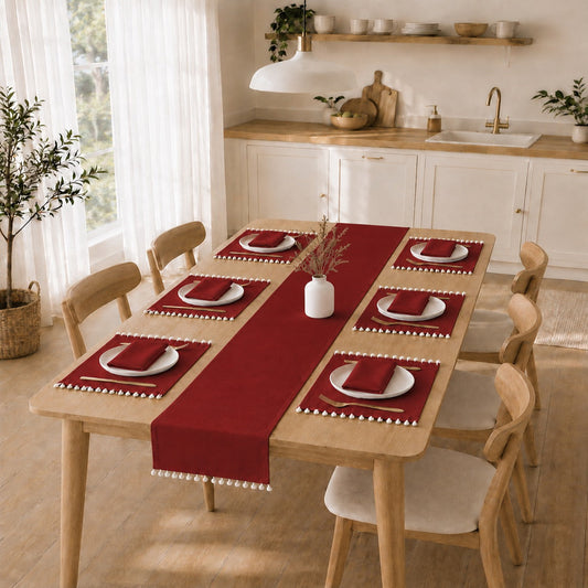 Luxury Cotton Dinning Set With Cute Pom pom -Red