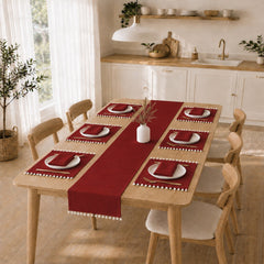 Luxury Cotton Dinning Set With Cute Pom pom -Red