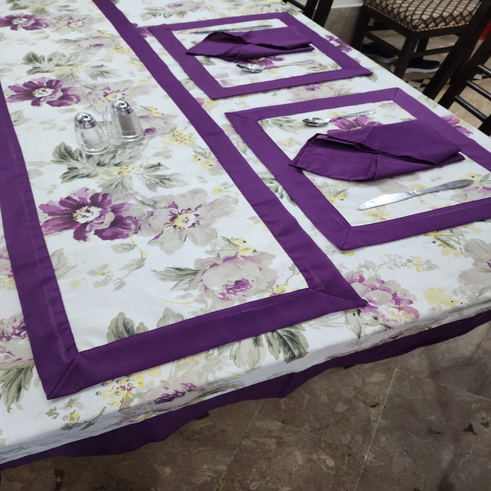 Purple Bordered Printed Cotton Reversable Dinning Set - Brookblad Floeral