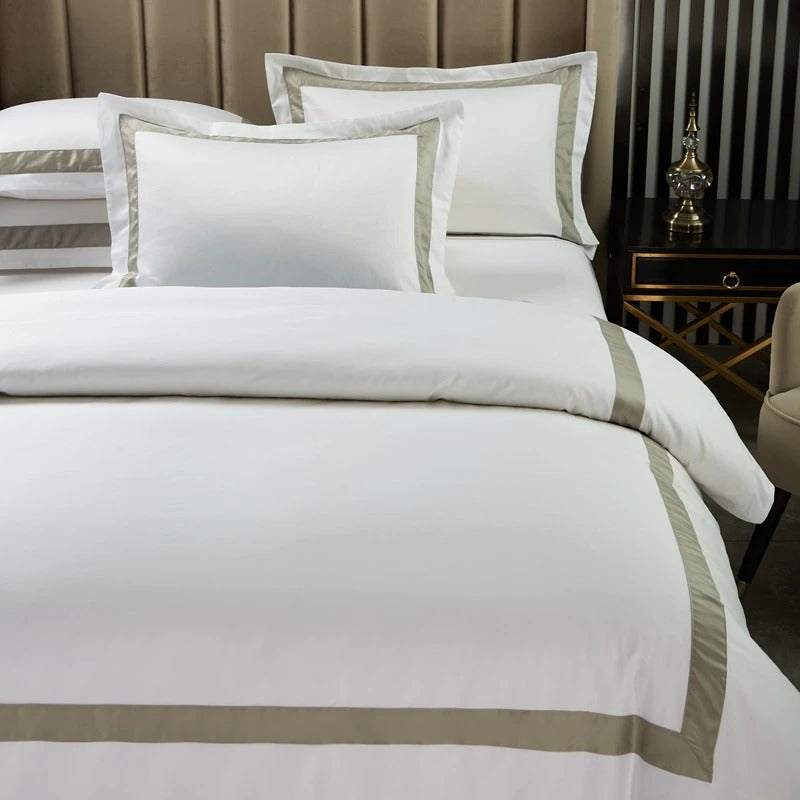 White with Beige Hotel Style Cotton Satin Duvet Set - 99 Bedding Store