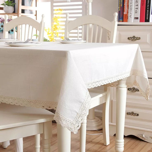 Decorative Cotton Tablecloth  White Wirh Lace
