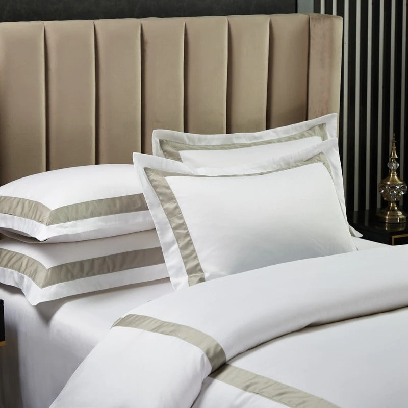 White with Beige Hotel Style Cotton Satin Duvet Set - 99 Bedding Store