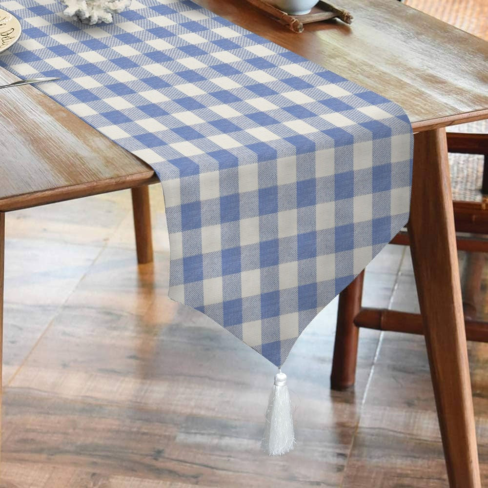 Waterproof Cotton Printed Table Runner With Tesal - Blue Check - 99 Bedding Store