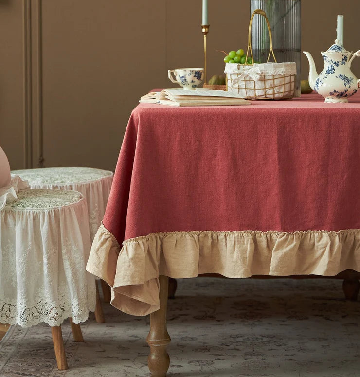 Decorative Cotton Tablecloth - Burgundy With Beige Frilled Bordered