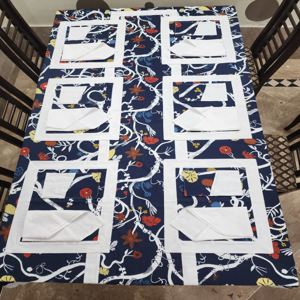 Dove White Bordered Printed Cotton Reversable Dinning Set - Blue Blossom