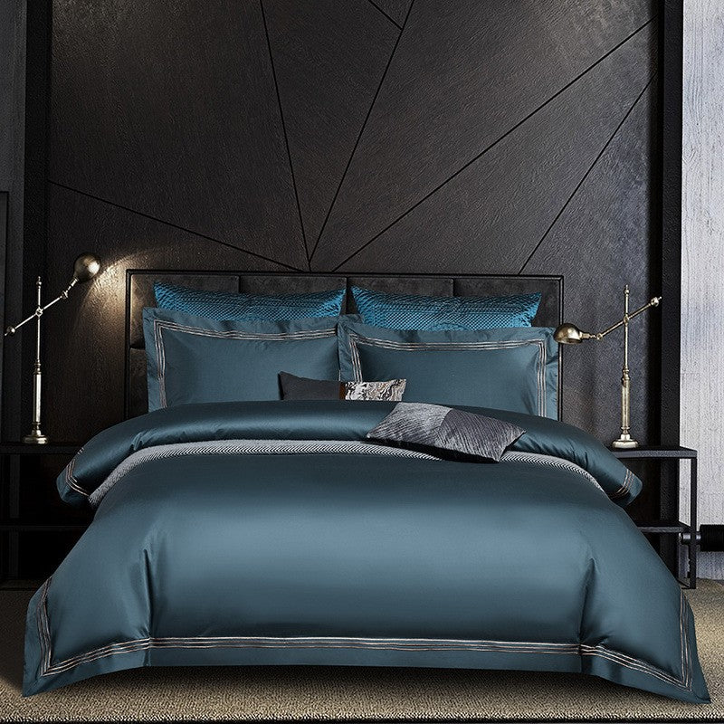 Embroidered Cotton Satin Luxury Baratta Stitch Tetra Line Duvet Set-Peacock Blue - 99 Bedding Store