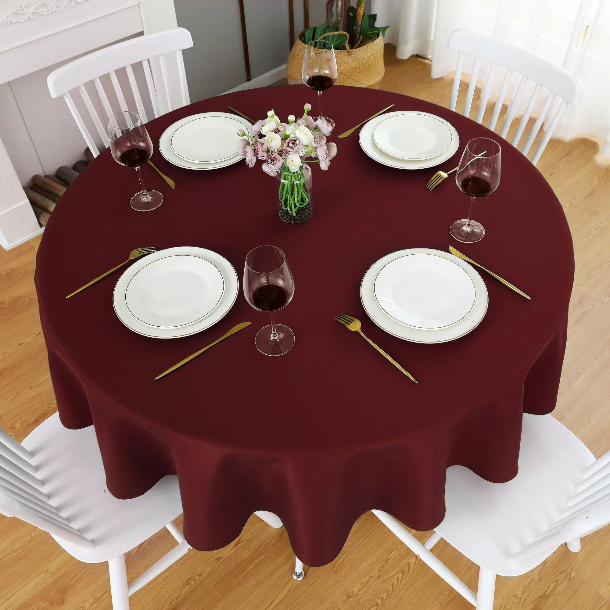 Decorative Cotton Round Tablecloth - Burgundy