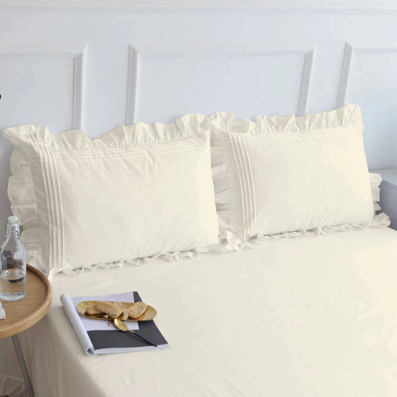 Cotton Fitted Sheet With Frilled Pillow Cover- Off White - 99 Bedding Store