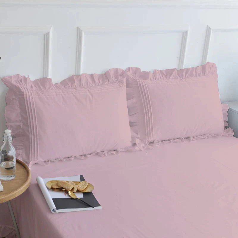 Cotton Fitted Sheet With Frilled Pillow Cover- Pink - 99 Bedding Store