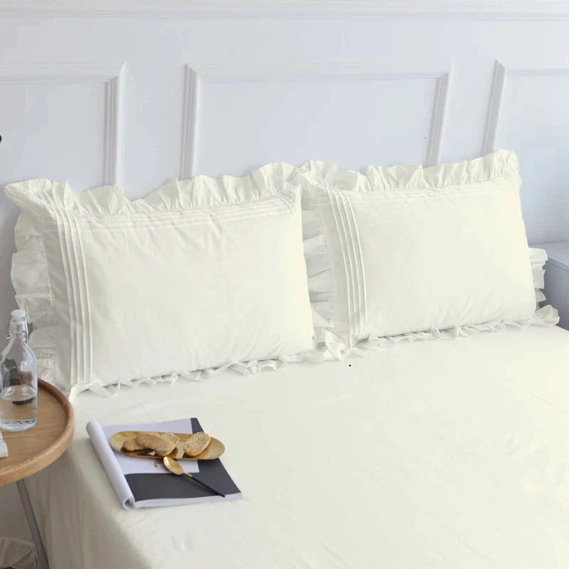 Cotton Fitted Sheet With Frilled Pillow Cover- Dove White - 99 Bedding Store