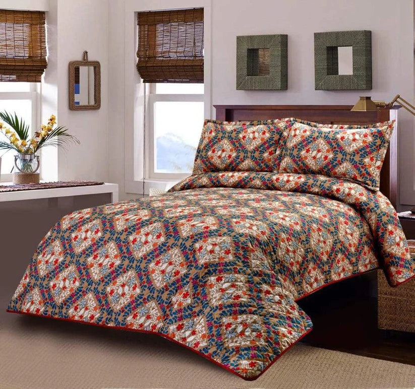 3 PCS LUXURY COTTON PRINTED BEDSPREAD - DIMOND ROSES - 99 Bedding Store