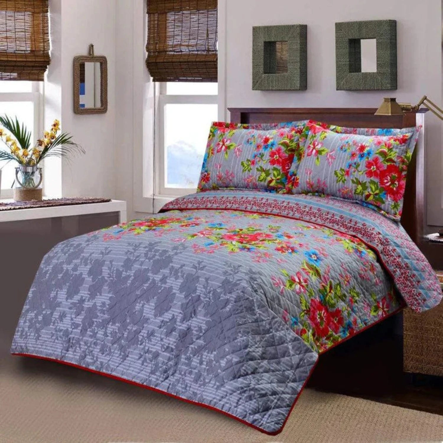 3 PCS LUXURY COTTON PRINTED BEDSPREAD - SUMMER GARDEN - 99 Bedding Store