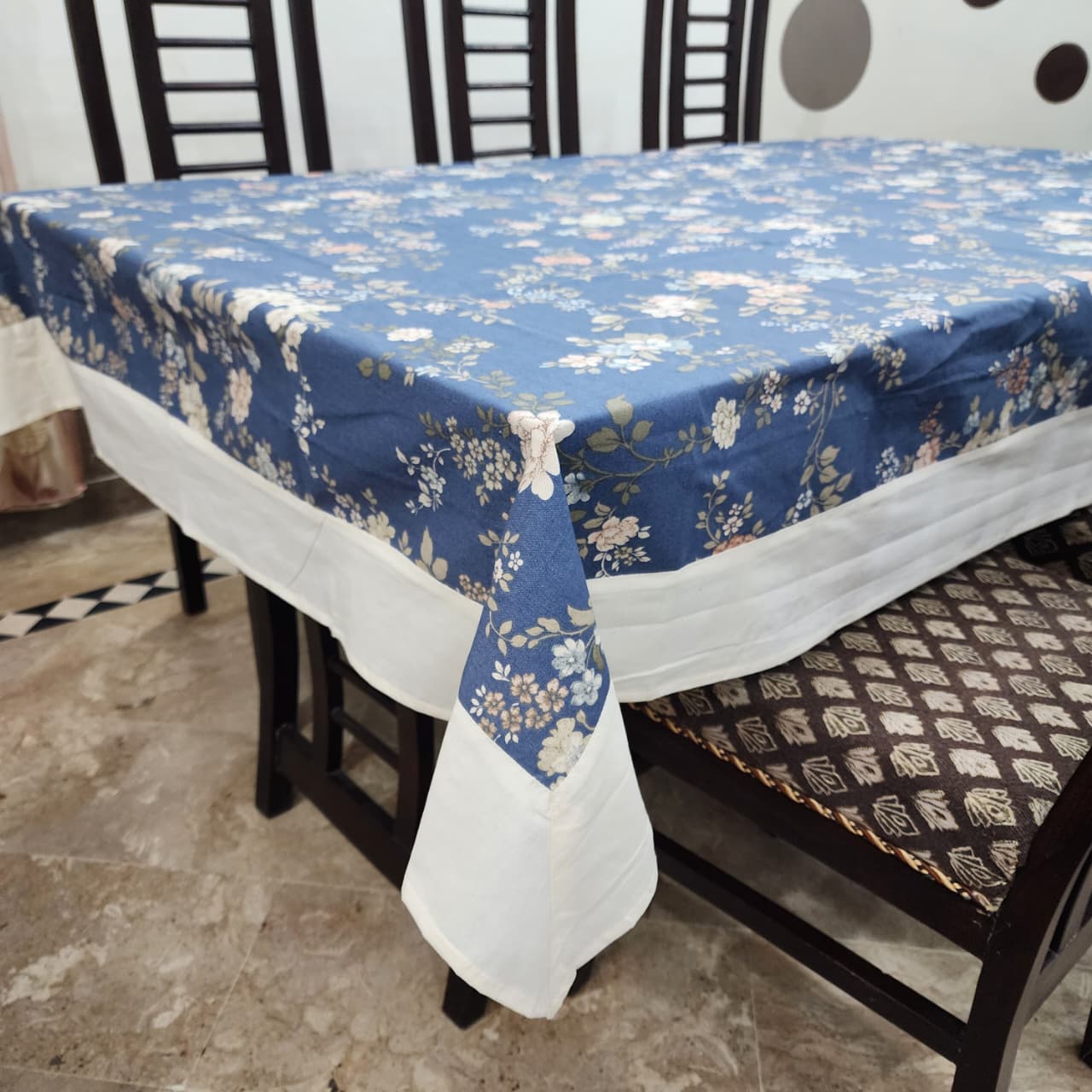 Offwhite Bordered Printed Cotton Reversable Dinning Set -Night Garden
