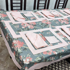 Peach Bordered Printed Cotton Reversable Dinning Set - Flowrence Grey