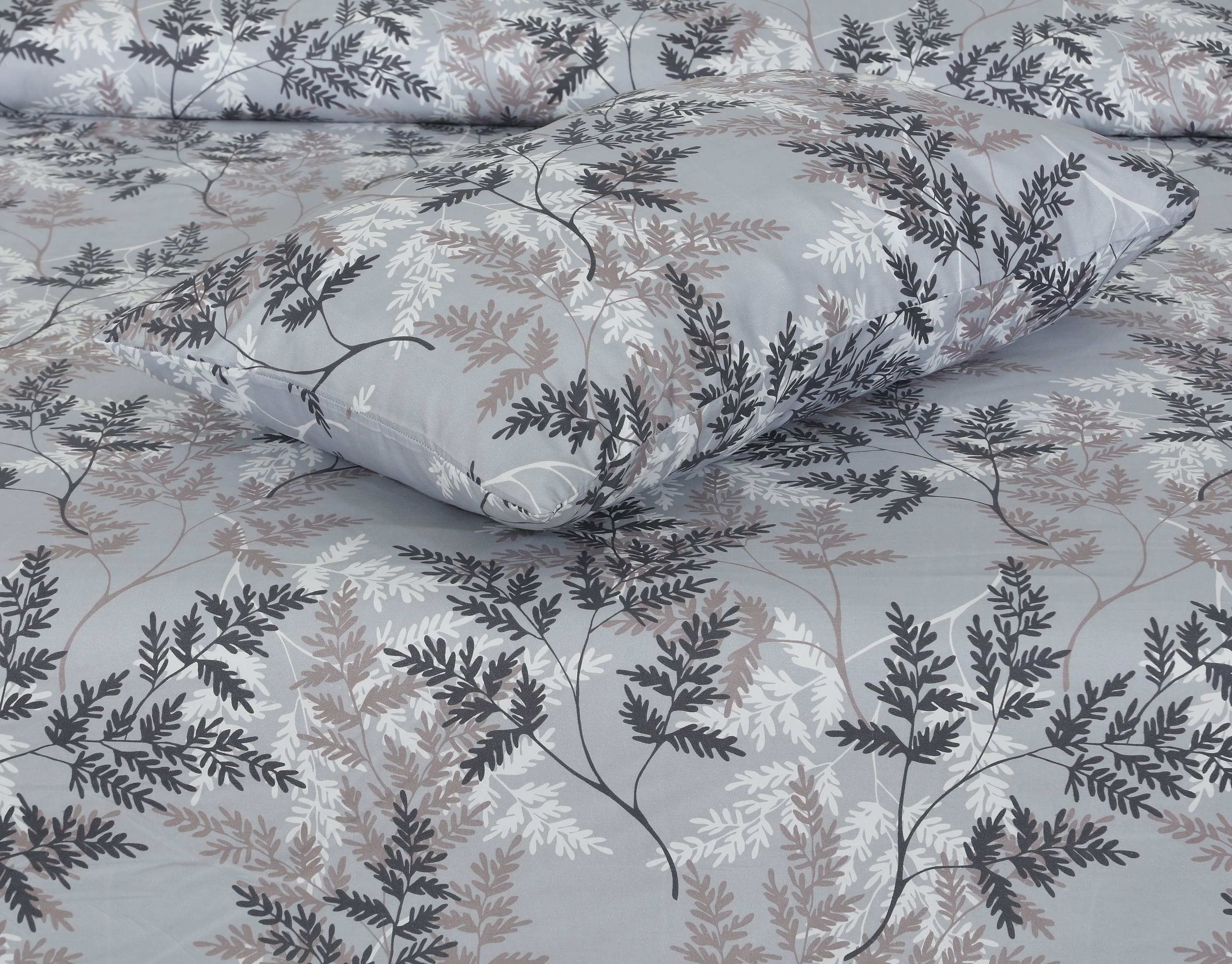 Printed Double Bed sheet Set Beanca Grey Leafs