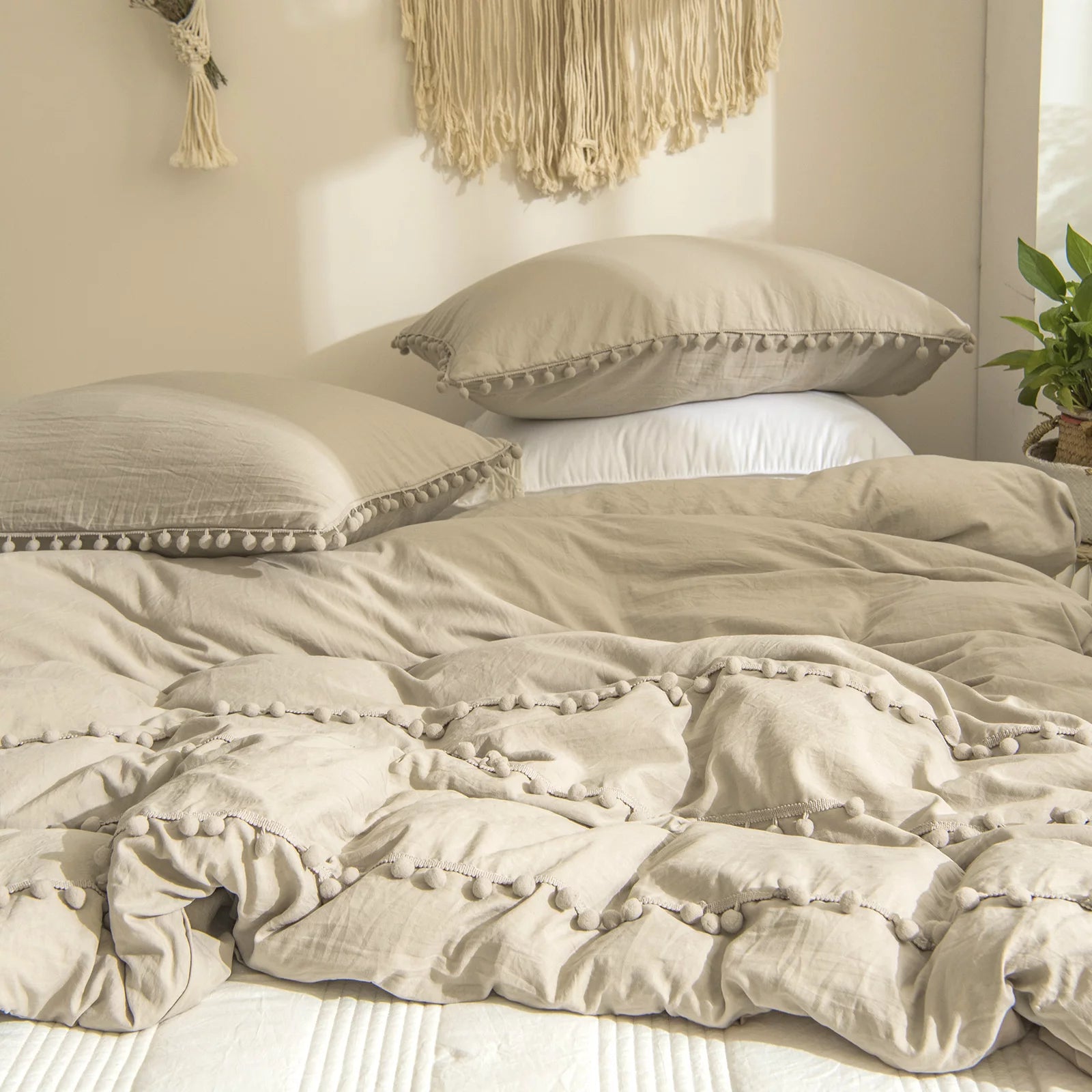 Luxury Cotton Satin Pom Fringe Duvet Cover Set- Khaki - 99 Bedding Store