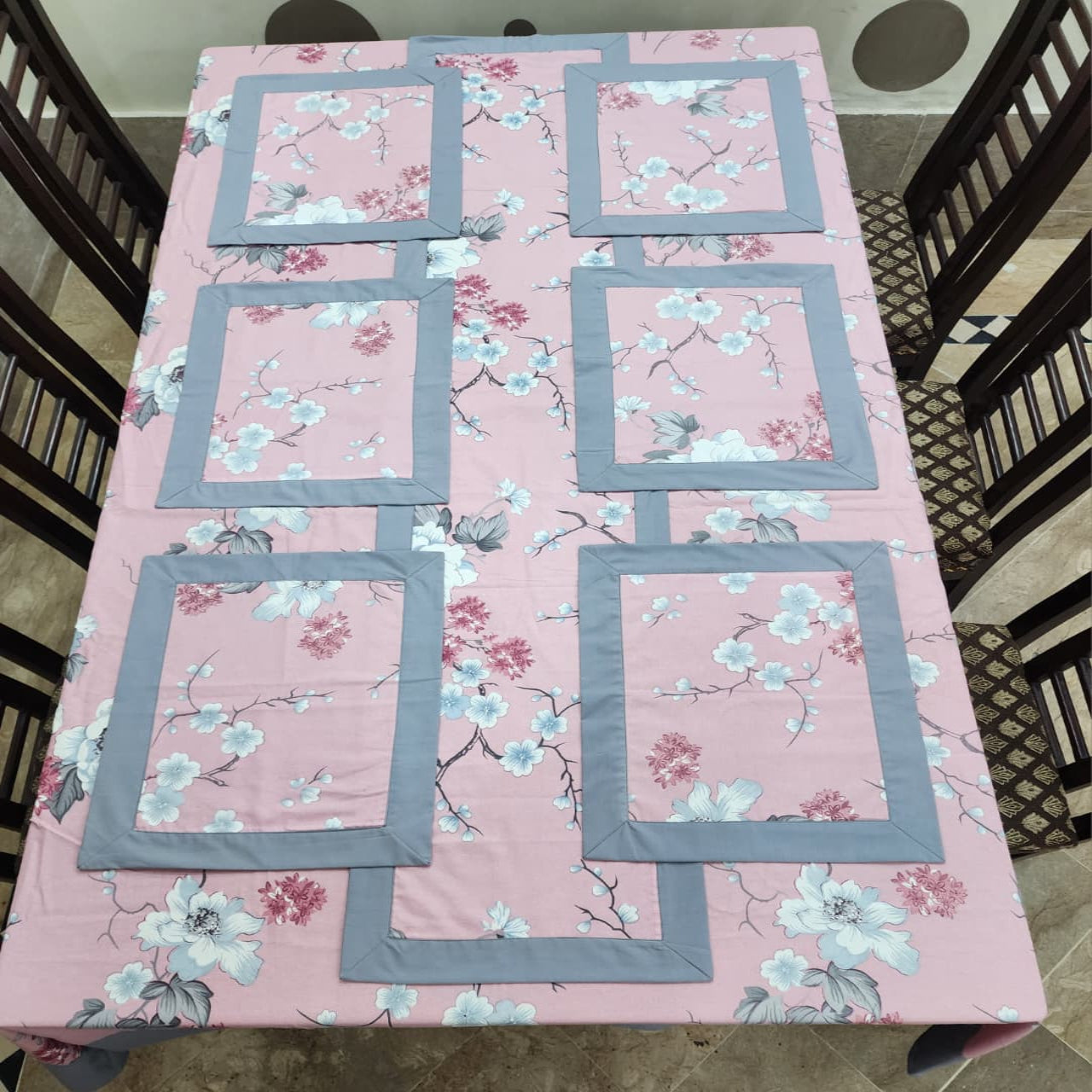 Grey Bordered Printed Cotton Reversable Dinning Set - New Rose Garden
