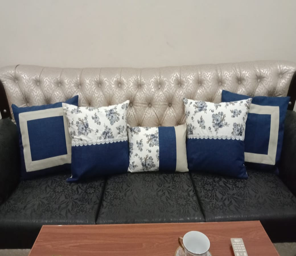 5Pc Blue Enchanted Cushion Cover Set  -Jute cushion