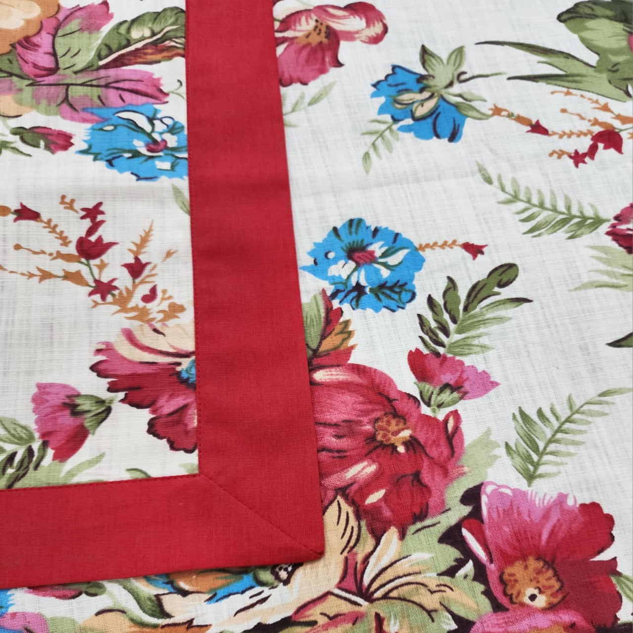 Red Bordered Printed Cotton Reversable Dinning Set - Rosewood Flowral