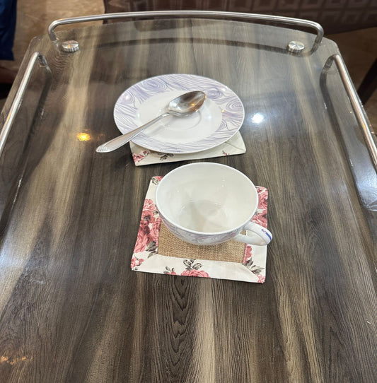 Jute Coasters Set With Rose Garden Border And Back