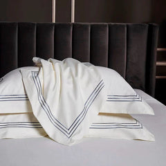 Embroidered Cotton Satin Luxury Baratta Stitch Tetra Line Duvet Set-Dove White - 99 Bedding Store