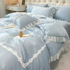 400 TC Cotton Satin Frilled Duvet Set With Lace -