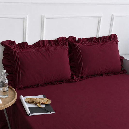 Cotton Fitted Sheet With Frilled Pillow Cover- Burgundy
