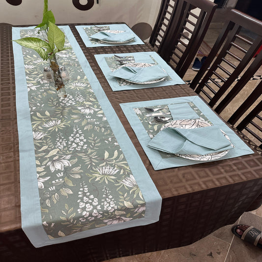 Green Garden Printed Cotton Reversable With Border Table Runner