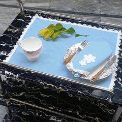 9 PCS TROLLEY MAT AND NAPKIN SET WITH LACE - SKY BLUE - 99 Bedding Store