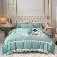 400 TC Cotton Satin Frilled Duvet Set With Lace -