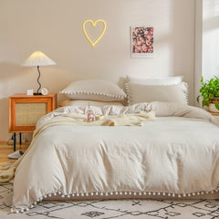 Cotton Duvet Cover Set With Pom Poms  -