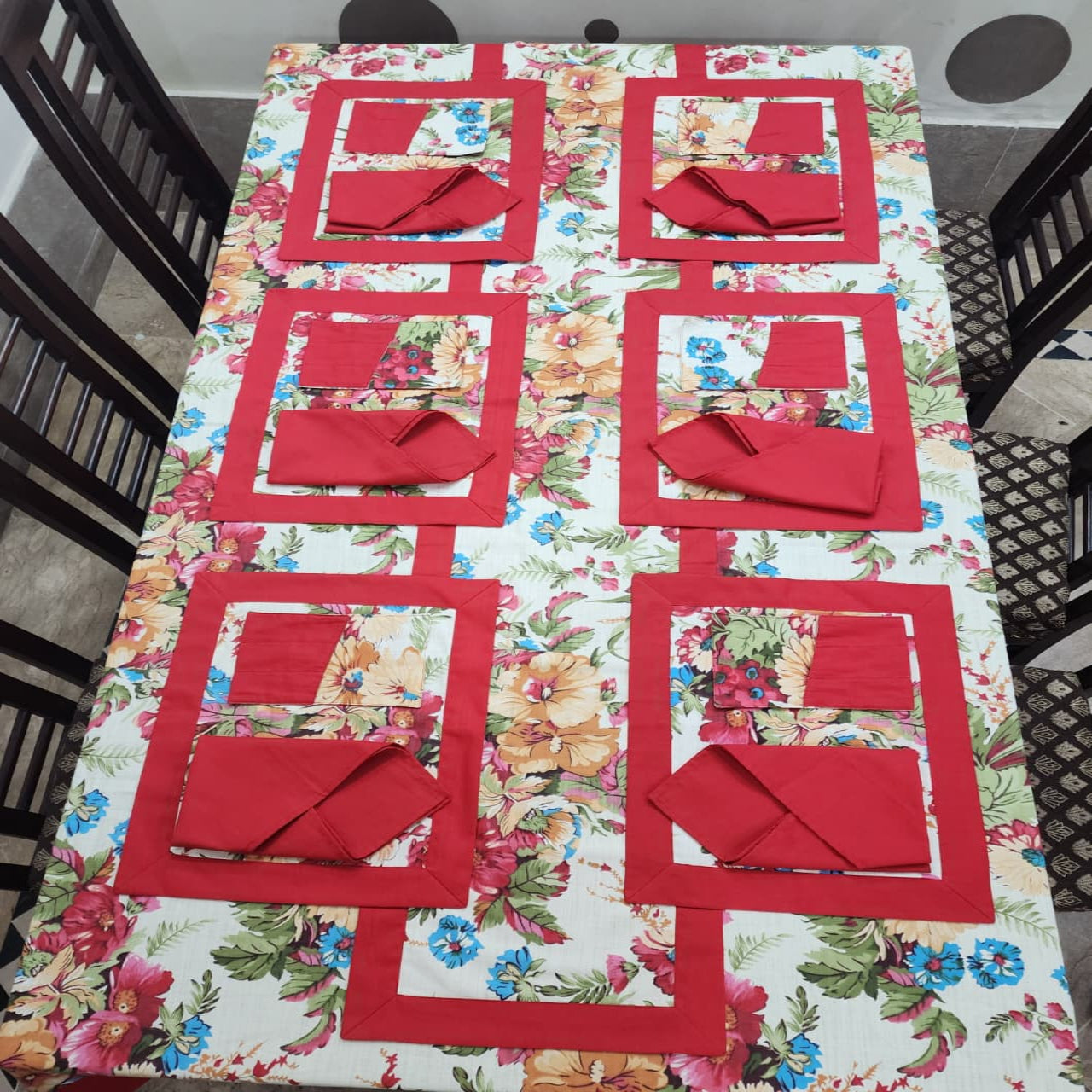 Red Bordered Printed Cotton Reversable Dinning Set - Rosewood Flowral