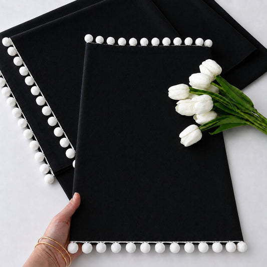 Luxury Cotton Dinning Set With Cute Pom pom - Black