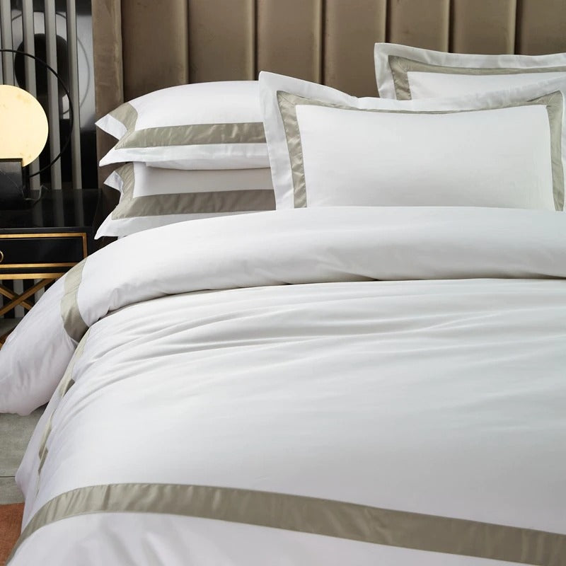 White with Beige Hotel Style Cotton Satin Duvet Set - 99 Bedding Store