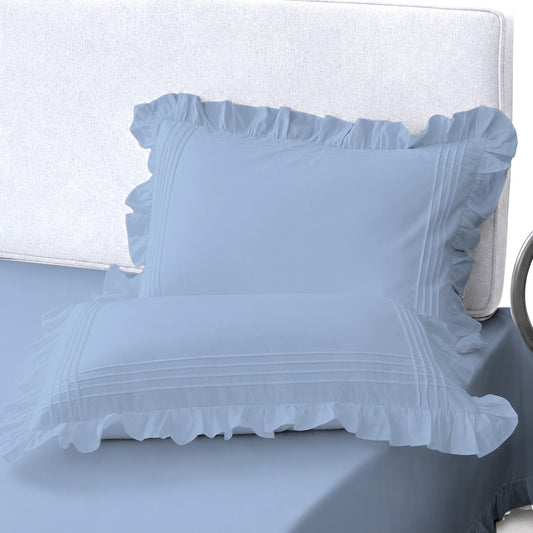 Cotton Fitted Sheet With Frilled Pillow Cover- Sky Blue