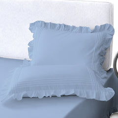 Cotton Fitted Sheet With Frilled Pillow Cover- Sky Blue