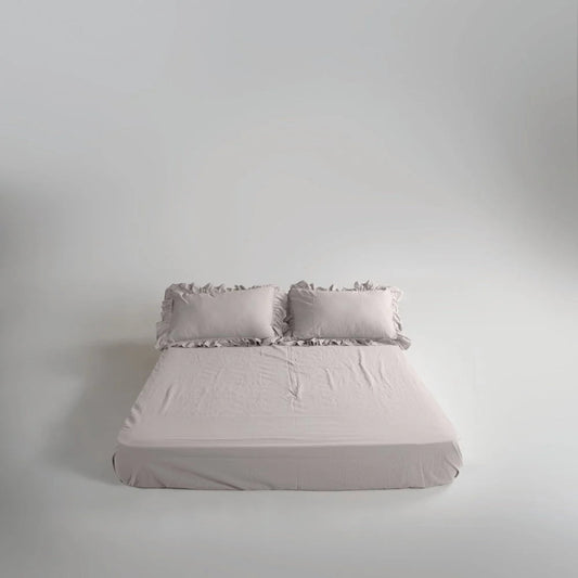 Cotton Fitted Sheet With Frilled Pillow Cover-Light Beige