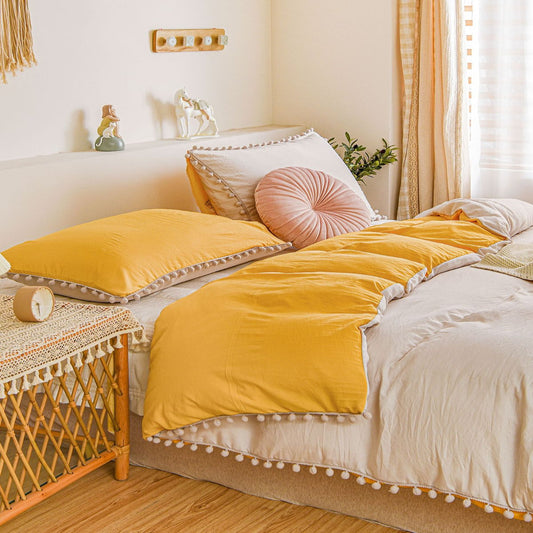 Reversable Cotton Duvet Cover Set With Pom Pom  -