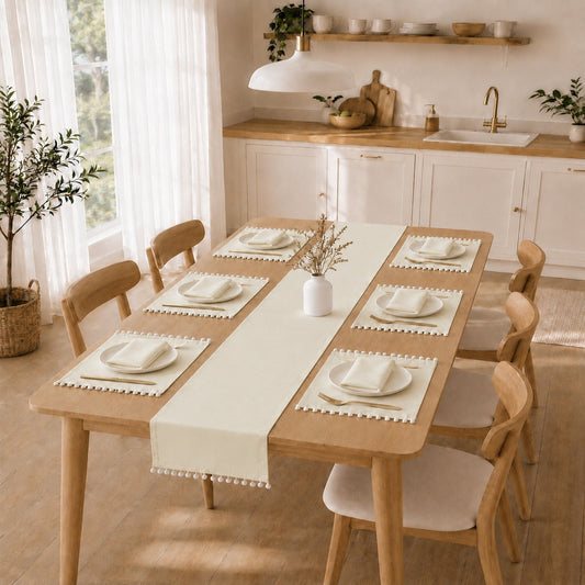 Luxury Cotton Dinning Set With Cute Pom pom -Off White