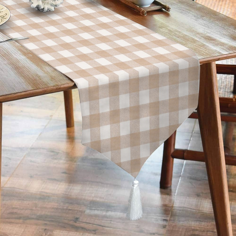 Waterproof Cotton Printed Table Runner With Tasel - Beige Check - 99 Bedding Store