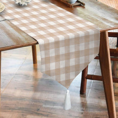 Waterproof Cotton Printed Table Runner With Tasel - Beige Check - 99 Bedding Store