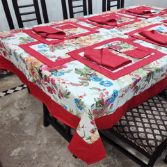 Red Bordered Printed Cotton Reversable Dinning Set - Rosewood Flowral