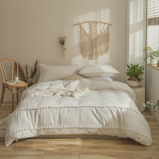 Luxury Cotton Satin Pom Fringe Duvet Cover Set- Dove White - 99 Bedding Store