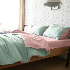 Plain Dyed Reversible Cotton Duvet Cover Set - Pink & Light Green - 99 Bedding Store