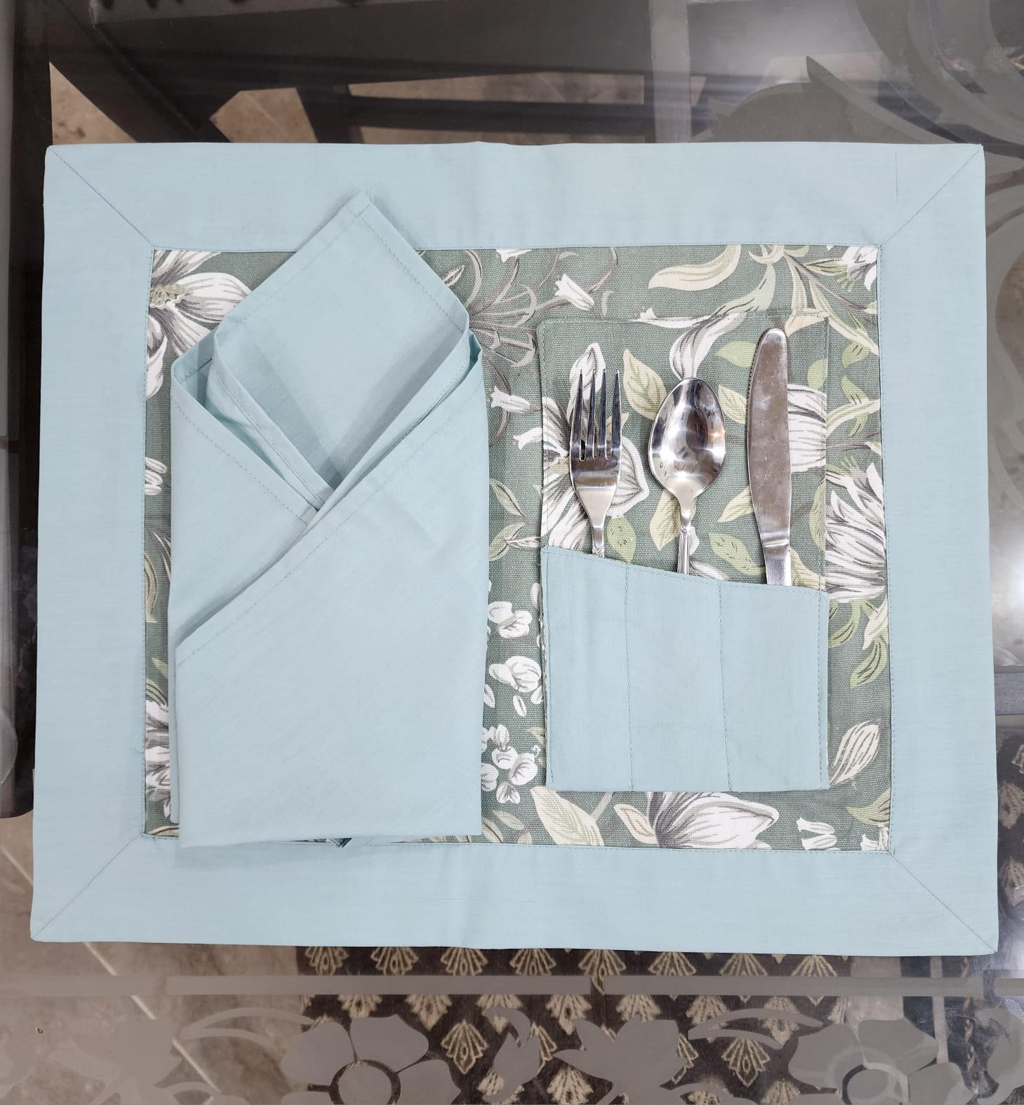 Aqua Bordered Printed Cotton Reversable Dinning Set - Green Garden