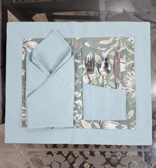 Aqua Bordered Printed Cotton Reversable Dinning Set - Green Garden