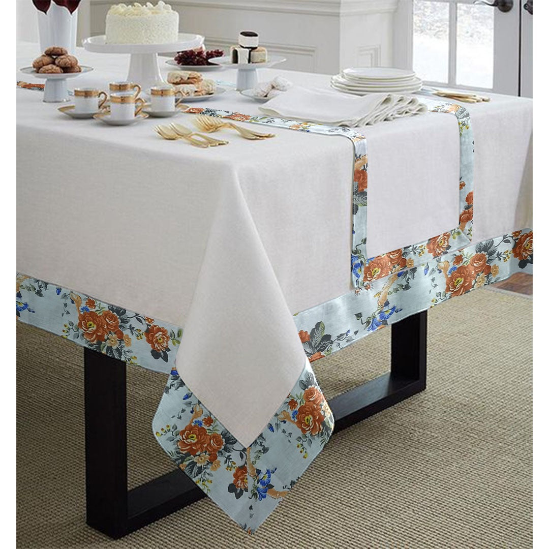 Cotton Dinning Set with Print Bordered- Rose Garden Beige