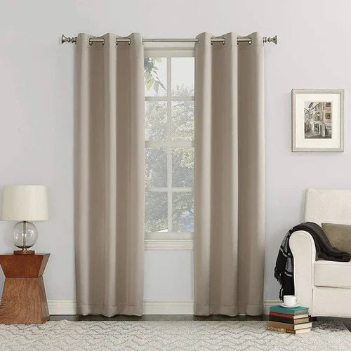 2 PC Plain Dyed Eyelet Curtains with lining-Light Beige
