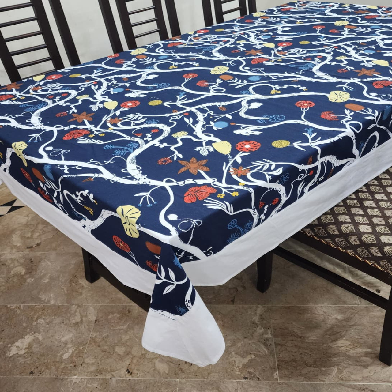 Dove White Bordered Printed Cotton Reversable Dinning Set - Blue Blossom